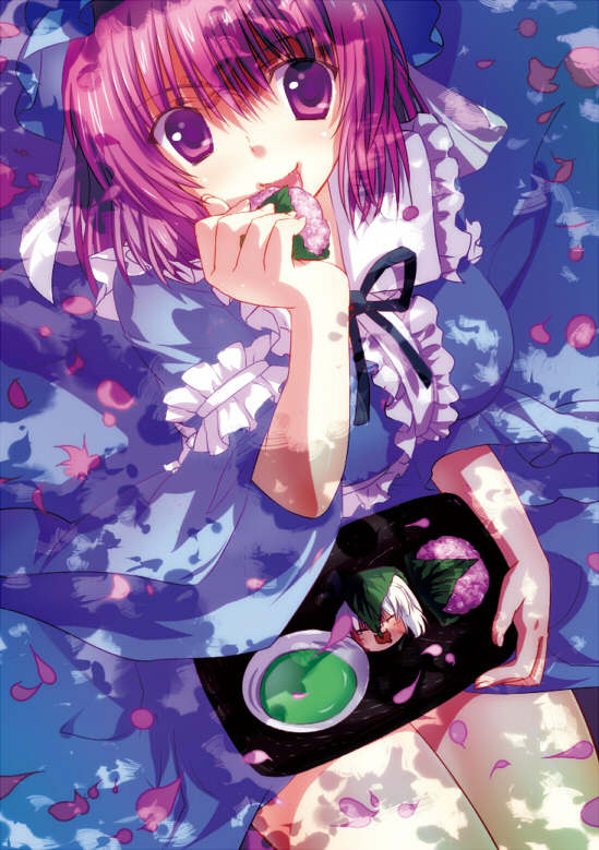 closed_eyes, eating, eyes_closed, food, from_above, hat, holding, konpaku_youmu