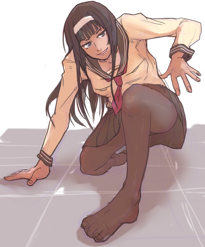 black_hair, black_legwear, cynthia_the_mission, feet, hairband, koikeya_(zam), kuga_araya, long_hair