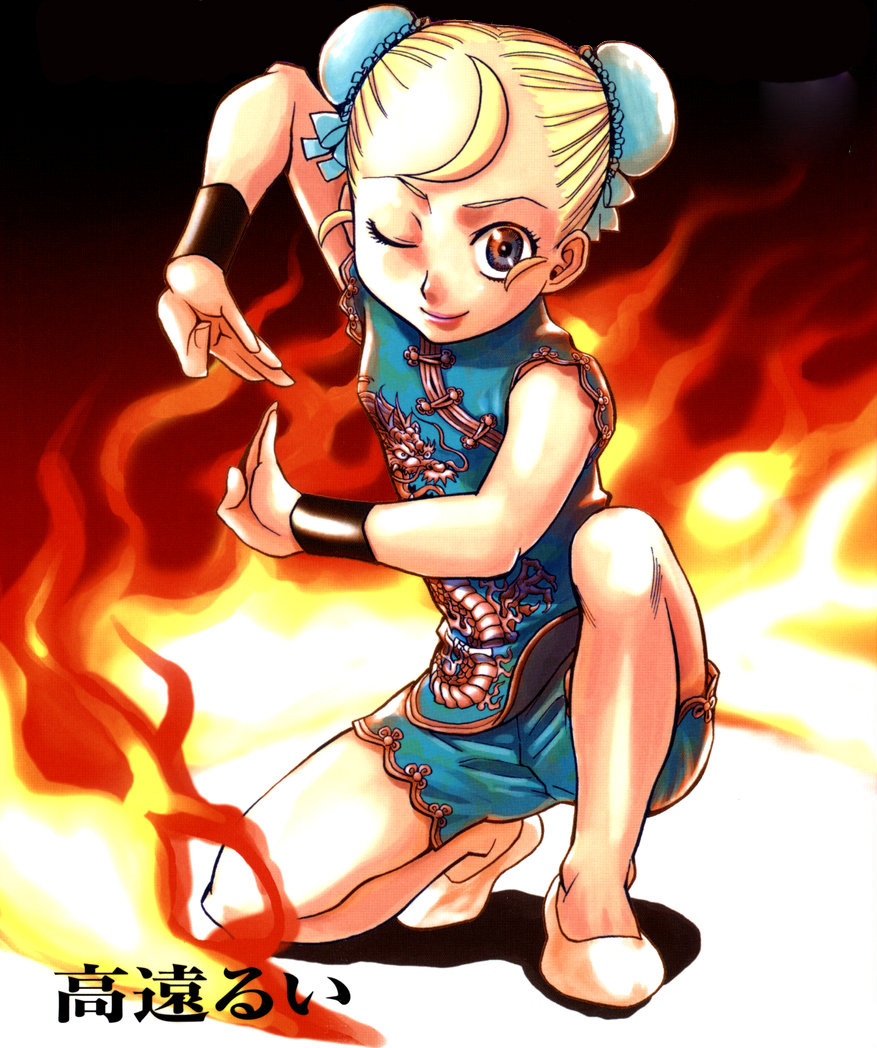 ahoge, blonde_hair, blue_eyes, bracelet, bun_cover, china_dress, chinese_clothes, cynthia_rou