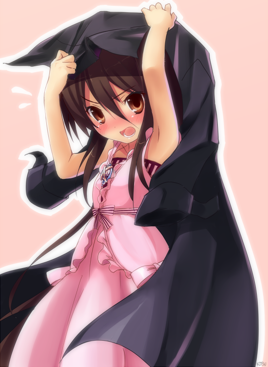 >:o, arms_up, blush, brown_eyes, brown_hair, dress, kotsu, long_hair
