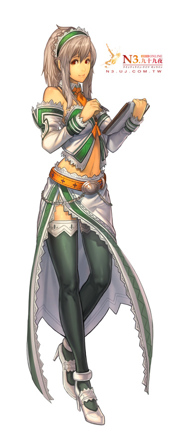 belt, chain, chains, clipboard, detached_sleeve, grey_hair, headband, high_heels