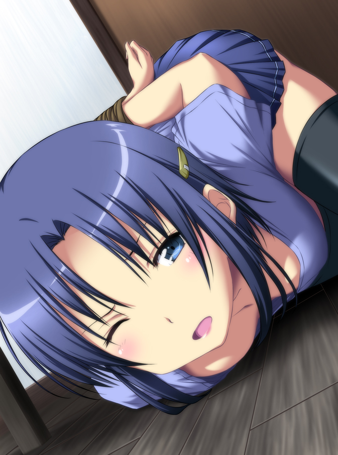 ;o, arms_behind_back, bdsm, black_hair, blue_eyes, blue_hair, blush, bondage
