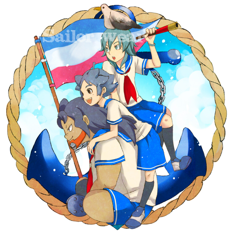 3boys, amagi_daichi, anchor, animal_on_head, bird, bird_on_head, chain, chains