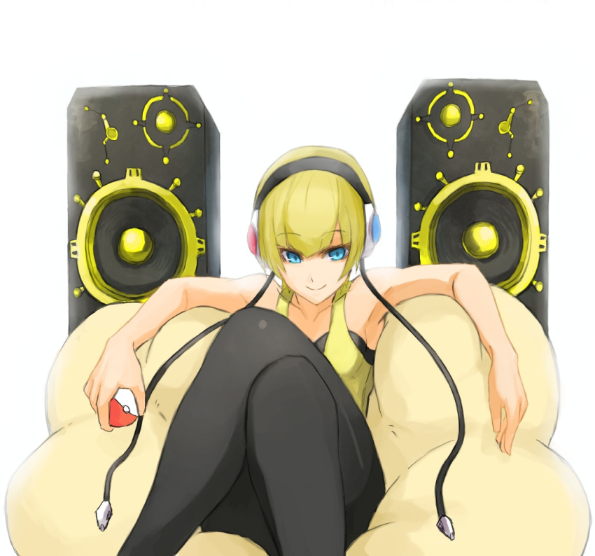 bare_shoulders, black_legwear, blonde_hair, blue_eyes, crossed_legs, headphones, jonasan, kamitsure_(pokemon)