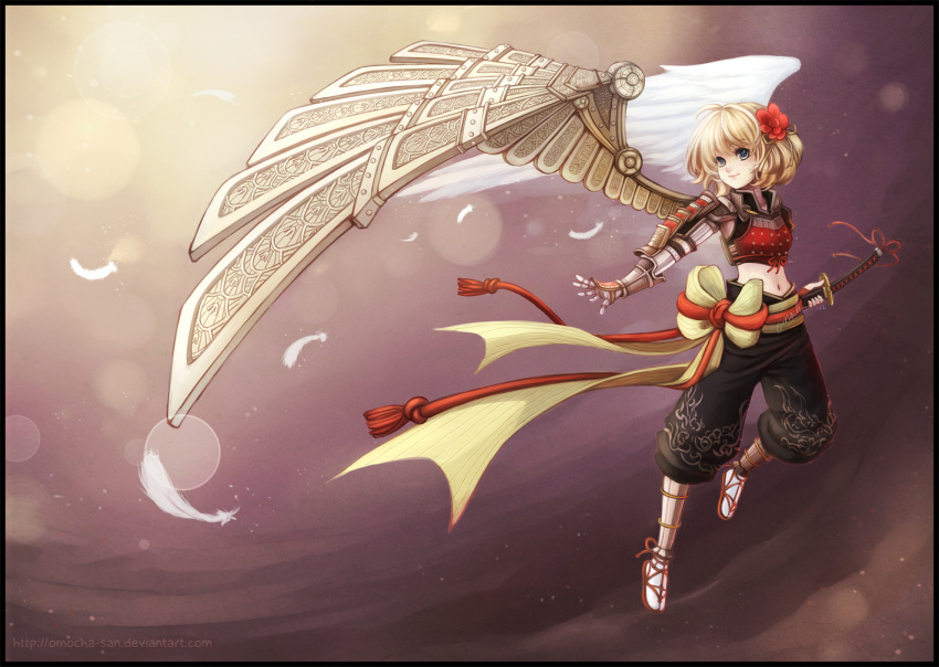 armor, asymmetrical_wings, blonde_hair, border, bowtie, feathered_wings, feathers, flower