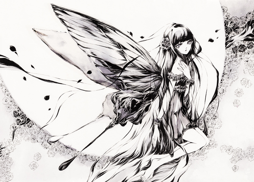absurdly_long_hair, ballpoint_pen_(medium), bare_arms, bare_legs, bare_shoulders, barefoot, black_dress, black_hair