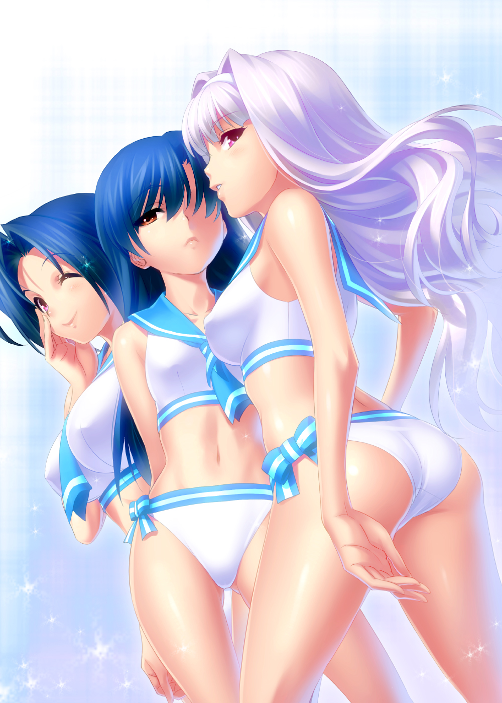 3girls, ;), ass, blue_hair, breasts, brown_eyes, hair_intakes, hair_over_one_eye