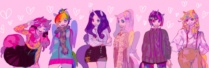 alternate_hairstyle, animal_ears, applejack, braid, fluttershy, hair_up, hands_in_pockets, horn
