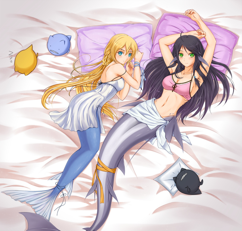 aqua_eyes, armpits, arms_up, bare_shoulders, bed_sheet, black_hair, blonde_hair, copyright_request