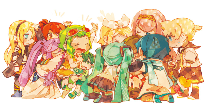 >_<, 6+girls, 8'108, 8'108, aqua_hair, arms_up, blonde_hair, blue_hair
