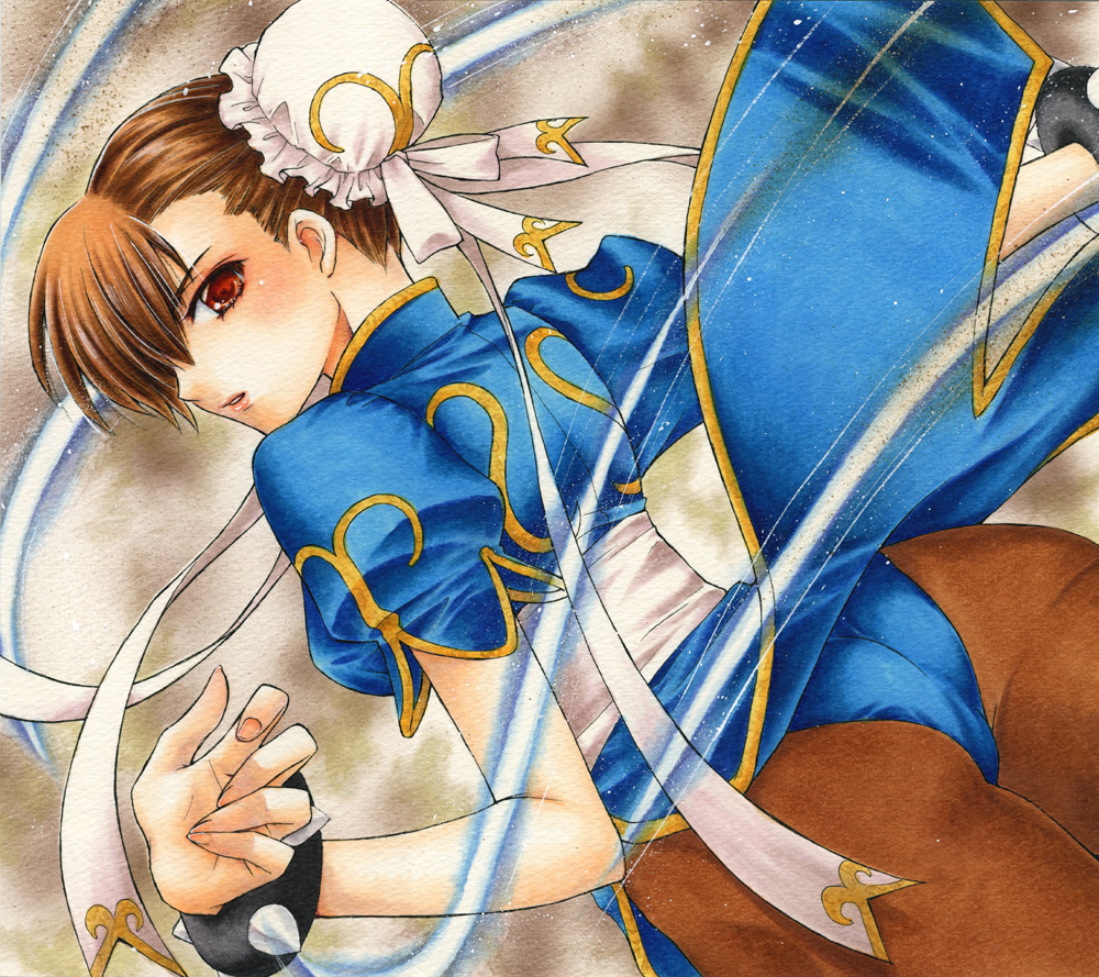 ass, bracelet, brown_eyes, brown_hair, brown_legwear, chinese_clothes, chun-li, double_bun