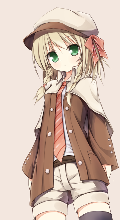 1girl, black_legwear, blonde_hair, braid, capelet, dress_shirt, green_eyes, hat