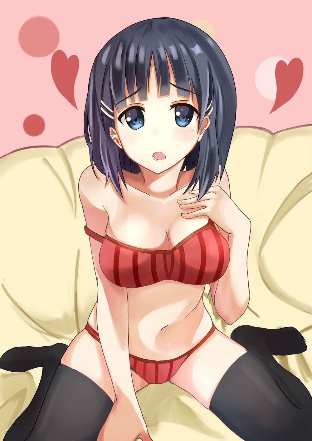 1girl, black_hair, black_legwear, blue_eyes, bra, breasts, cleavage, hair_ornament