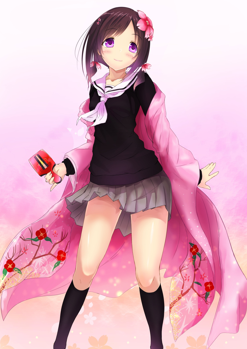 ameyoshi, brown_hair, hair_ornament, hanayamata, highres, low_twintails, naruko_(instrument), purple_eyes