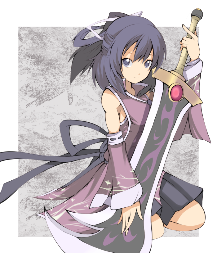 ao_no_kiseki, detached_sleeves, eiyuu_densetsu, expressionless, falcom, grey_background, half_updo, huge_weapon