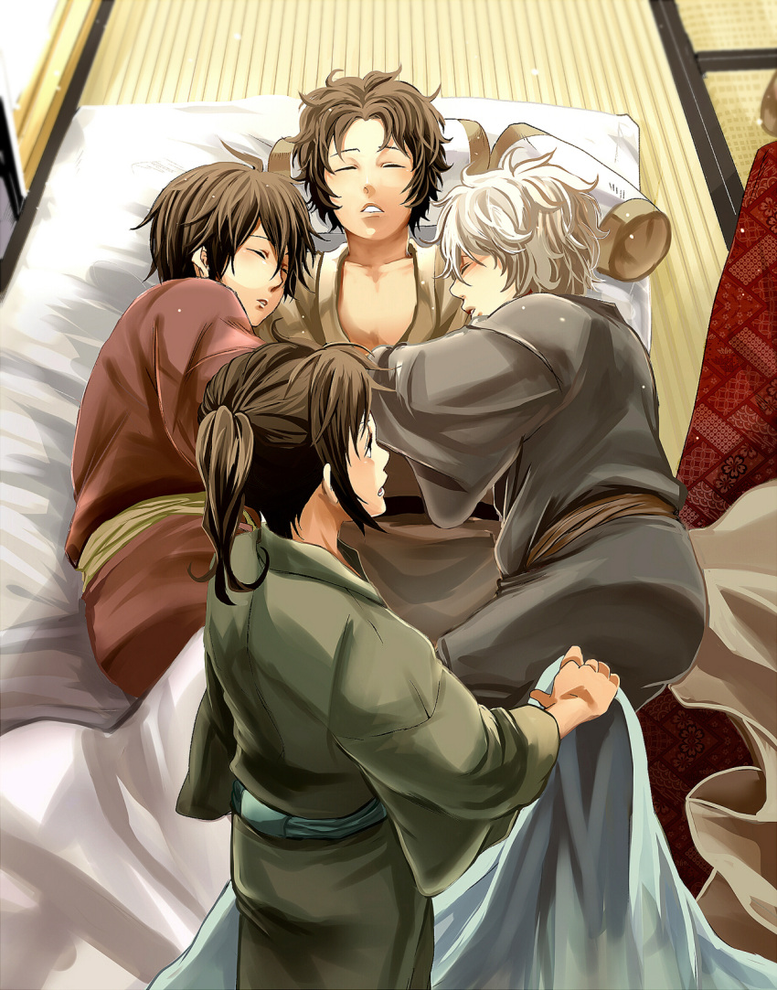 black_hair, brown_hair, gintama, highres, japanese_clothes, katsura_kotarou, kimono, matsuoka_(ajagaga), multiple_boys, ponytail, sakamoto_tatsuma, sakata_gintoki, silver_hair, sleeping, takasugi_shinsuke, young