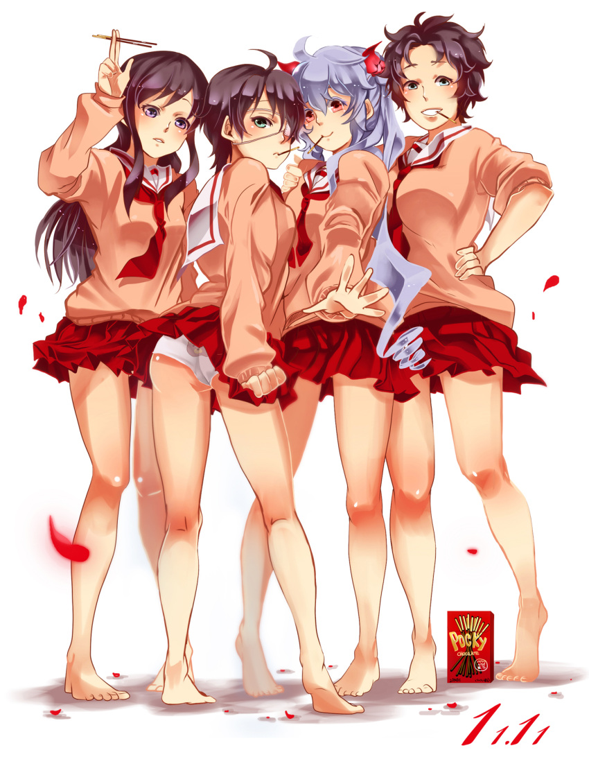 barefoot, black_hair, brown_hair, genderswap, gintama, highres, katsura_kotarou, long_hair, matsuoka_(ajagaga), multiple_girls, panties, parody, pocky, print_panties, purple_eyes, red_eyes, sakamoto_tatsuma, sakata_gintoki, school_uniform, serafuku, silver_hair, takasugi_shinsuke, twintails, underwear, violet_eyes, white_panties