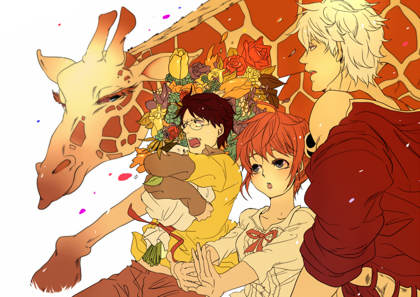 2boys, alternate_costume, black_hair, blue_eyes, bouquet, casual, flower, food