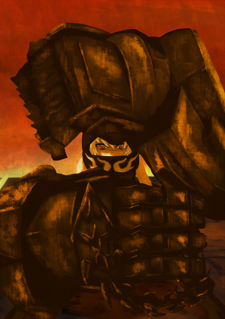 black_rock_shooter, hoodie, mechanical_arm, orange_eyes, short_hair, solo, strength_(black_rock_shooter), white_hair