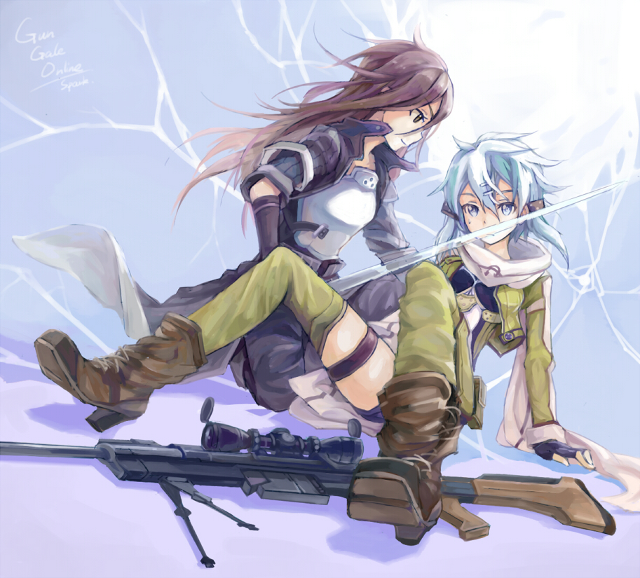 1girl, androgynous, aqua_hair, black_eyes, black_hair, blue_eyes, fingerless_gloves, gloves, gun, hair_ornament, hairclip, kirito, kirito_(sao-ggo), long_hair, rifle, shinon_(sao), short_hair, short_shorts, shorts, sniper_rifle, spark_(pixiv), spark_(sandro), sword_art_online, weapon
