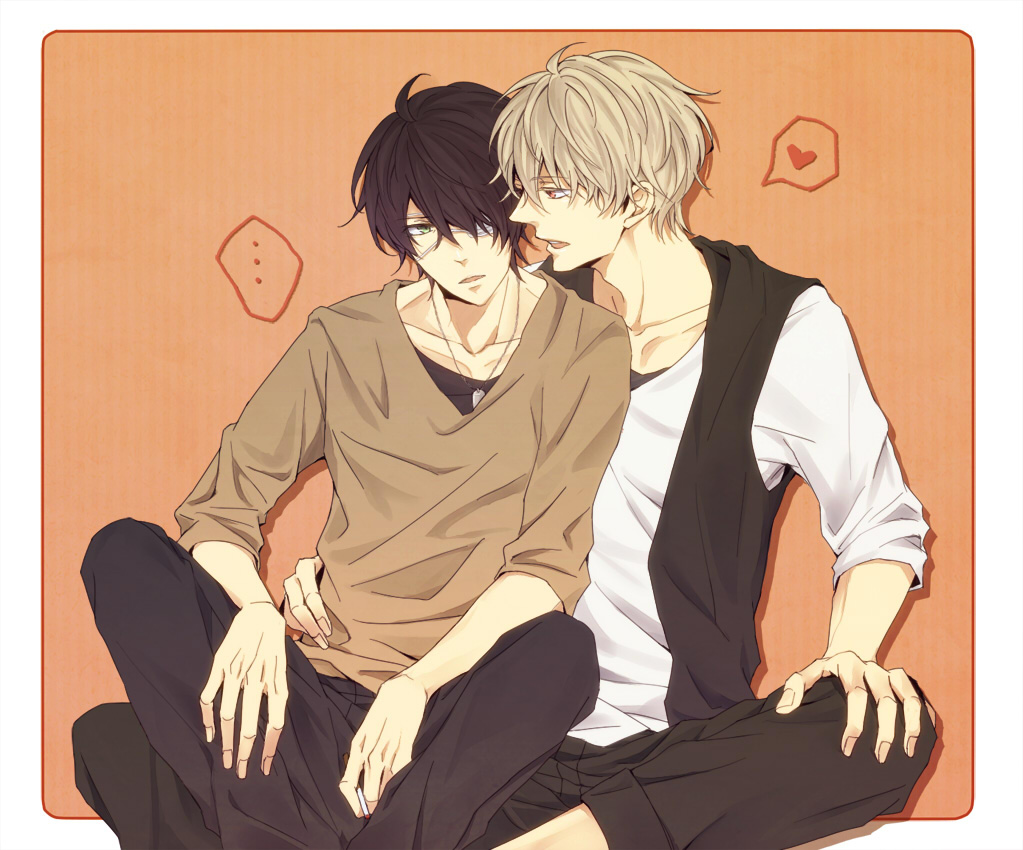 2boys, adct5, bandage_over_one_eye, black_hair, casual, gintama, green_eyes, heart