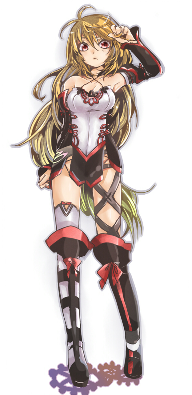 arm_up, armpits, bare_shoulders, blonde_hair, boots, collarbone, detached_sleeves, highres, long_hair, milla_(tales_of_xillia_2), milla_maxwell, red_eyes, rinkashline, solo, tales_of_(series), tales_of_xillia, tales_of_xillia_2, white_background