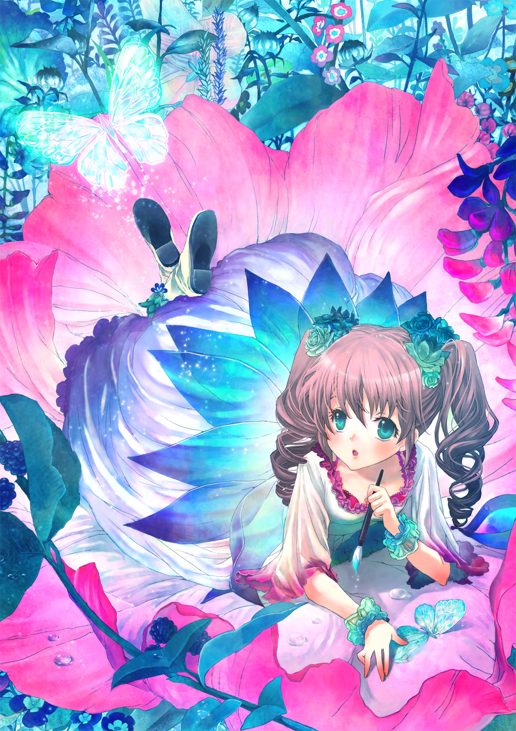 :o, blue_eyes, blush, boots, brown_hair, butterfly, dress, drill_hair