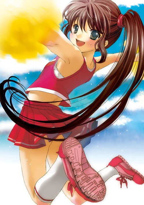 blush, brown_hair, cheerleader, happy, jumping, kneehighs, long_hair, looking_back