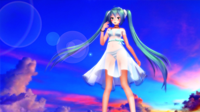 1girl, 3d, aqua_eyes, aqua_hair, bikini, dress, ektyr_y, green_eyes, green_hair, hatsune_miku, long_hair, mikumikudance, see-through, see_through, summer_dress, swimsuit, twintails, underwear, vocaloid, vocaloid_(tda-type_ver), yunagi_(ektyr_y)
