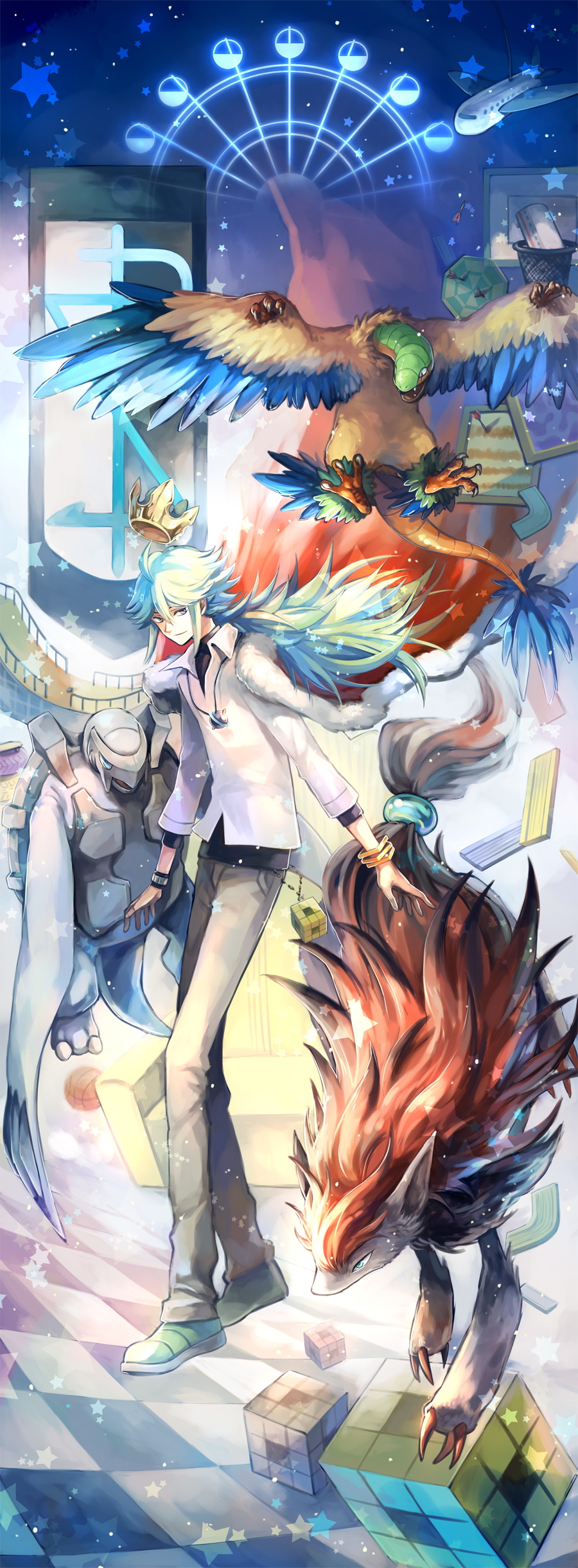 1boy, airplane, archeops, basketball, cape, carracosta, crown, green_eyes