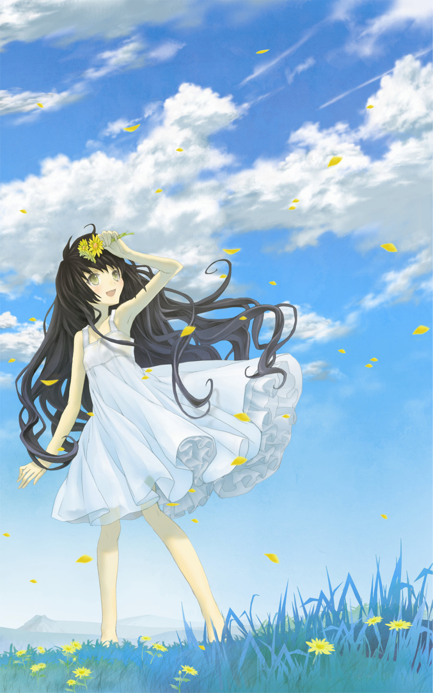 black_hair, brown_eyes, cloud, clouds, dress, field, flower, highres