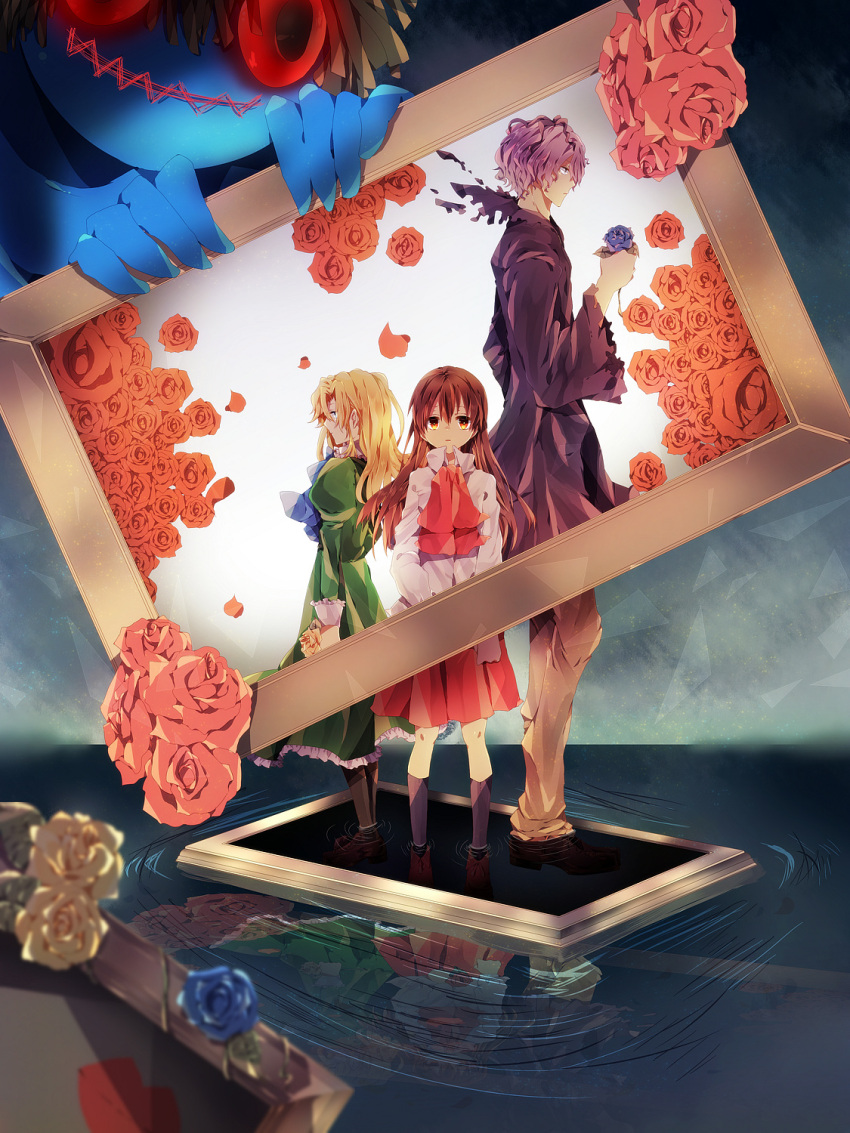 blue_rose, doll, flower, garry_(ib), highres, ib, ib_(ib), mary_(ib), pantyhose, picture_frame, red_rose, rose, water, xxxka66, yellow_rose