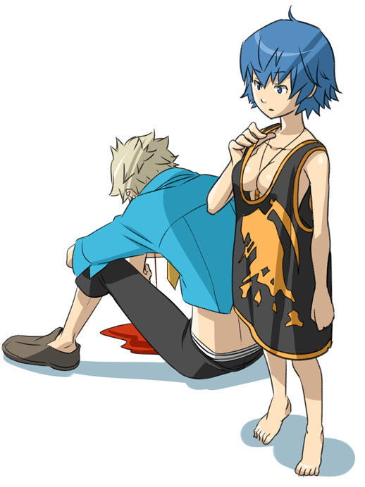 1girl, bare_shoulders, blonde_hair, blood, blue_hair, breasts, bullet, chibi