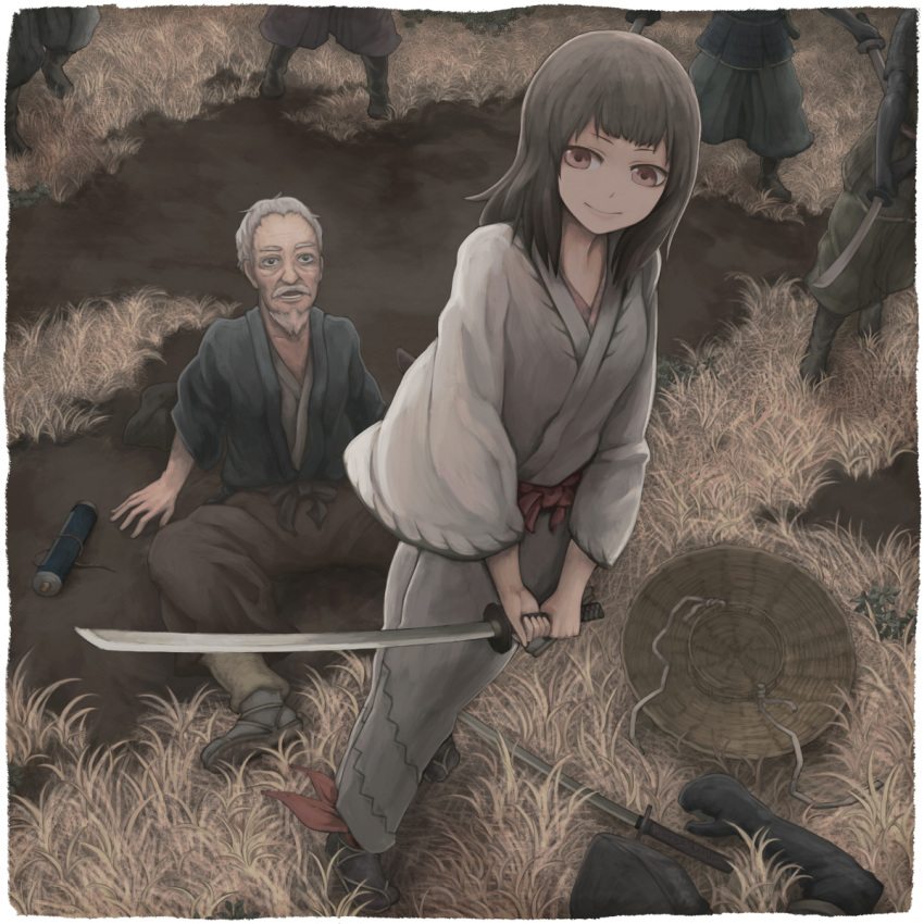 1boy, 1girl, beard, bird, brown_hair, crane_(animal), facial_hair, folklore, goatee, grass, hat, hat_removed, headwear_removed, highres, katana, long_hair, mustache, old, old_man, open_mouth, personification, red_eyes, rice_hat, scroll, sitting, smile, standing, sword, tsuru_no_ongaeshi, weapon, white_hair, yajirushi_(chanoma)