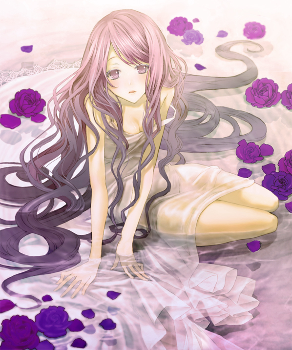 breasts, cleavage, dress, flower, long_hair, machi555, original, petals