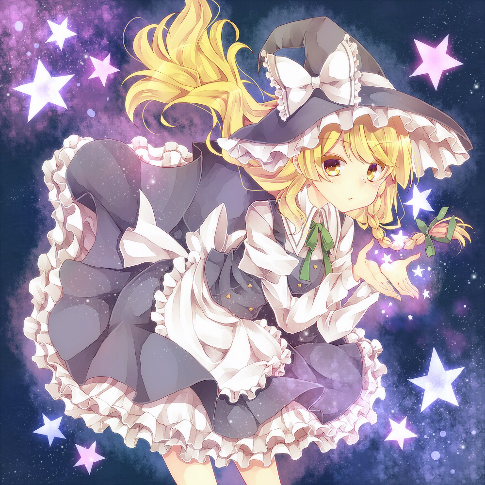 apron, blonde_hair, bow, braid, hat, hat_bow, kirisame_marisa, long_hair