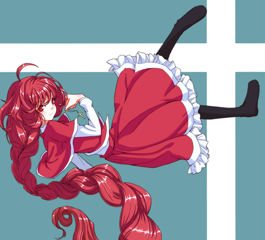 1girl, ahoge, braid, collarbone, cross, dress, holding, kuronuko_neero