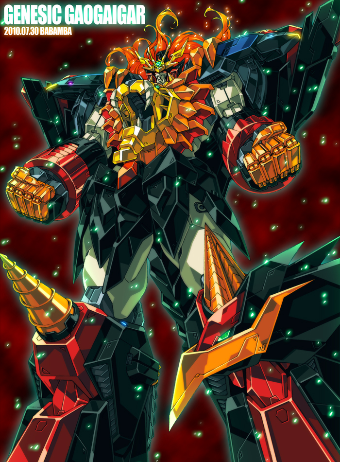 babamba, character_name, dated, drill, fangs, genesic_gaogaigar, light_particles, long_hair, mecha, no_humans, open_mouth, orange_hair, solo, super_robot, tail, wings, yuusha_ou_gaogaigar, yuusha_ou_gaogaigar_final, yuusha_series