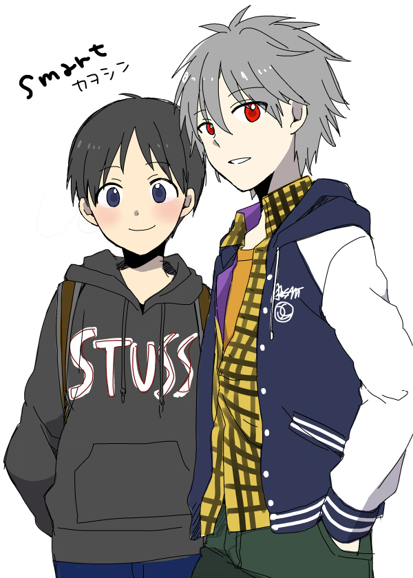 brown_hair, casual, clothes_writing, hoodie, ikari_shinji, jacket, male, multiple_boys