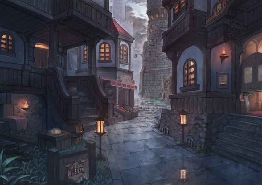 building, cityscape, grass, highres, lamppost, no_humans, original, puyoakira