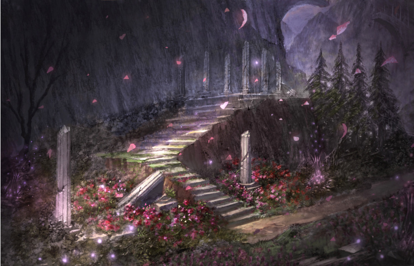 flower, highres, no_humans, original, petals, pillar, puyoakira, ruins
