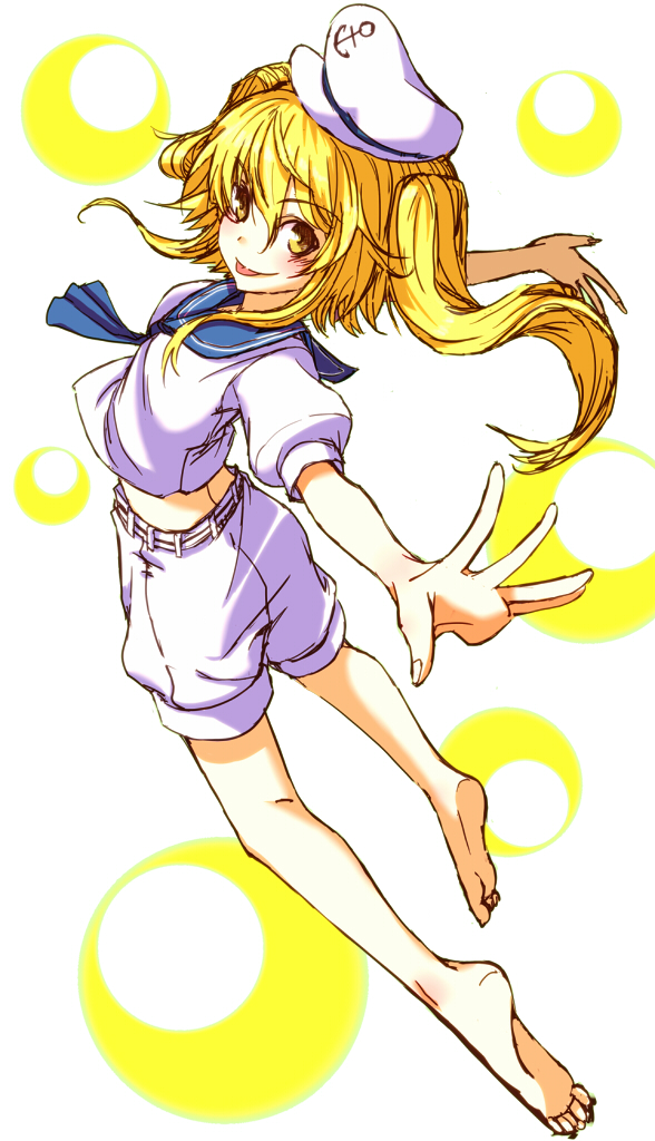 1girl, barefoot, blonde_hair, feet, hat, kitashirakawa_chiyuri, kuronuko_neero, long_hair