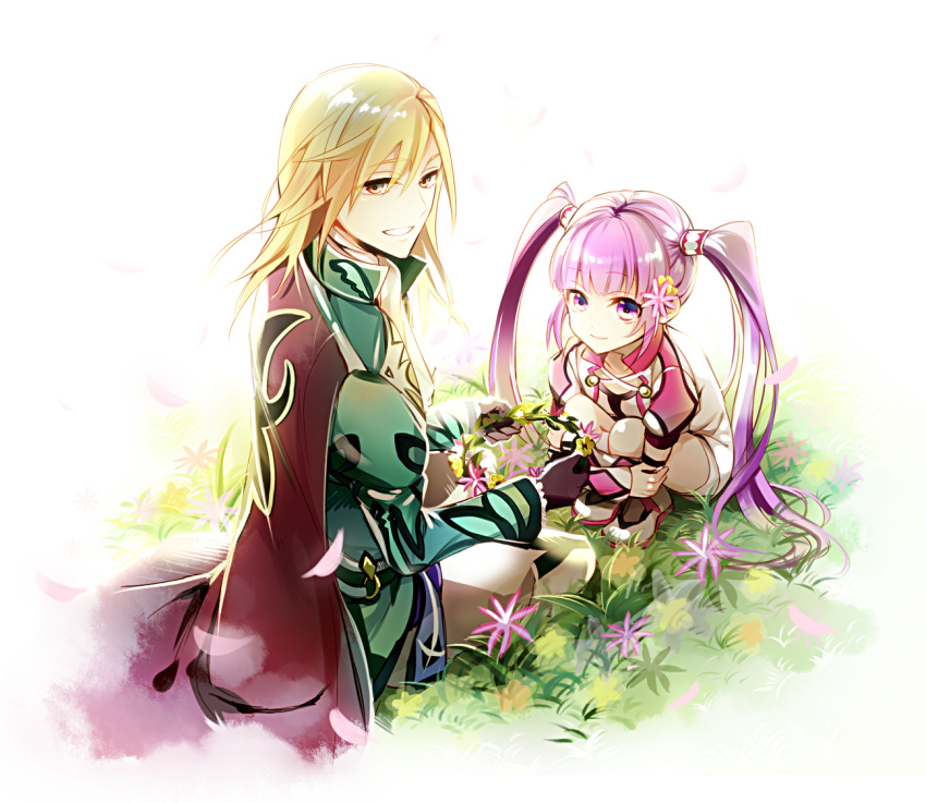 1girl, blonde_hair, cape, flower, gloves, grass, hair_flower, hair_ornament