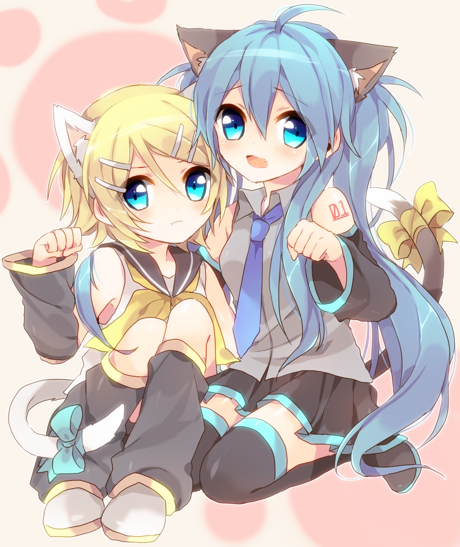 :t, animal_ears, aqua_eyes, ascot, black_legwear, blonde_hair, blue_eyes, blue_hair