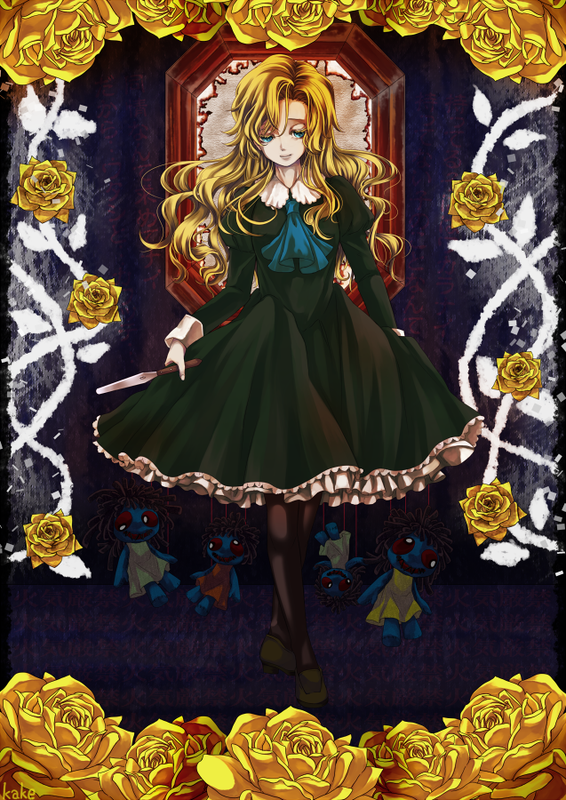 blonde_hair, blue_eyes, doll, dress, flower, ib, long_hair, mary_(ib)