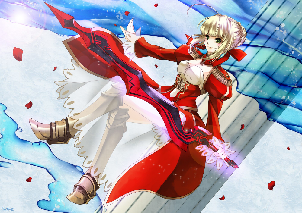 aestus_estus, ahoge, blonde_hair, breasts, cleavage, dress, epaulettes, fate/extra