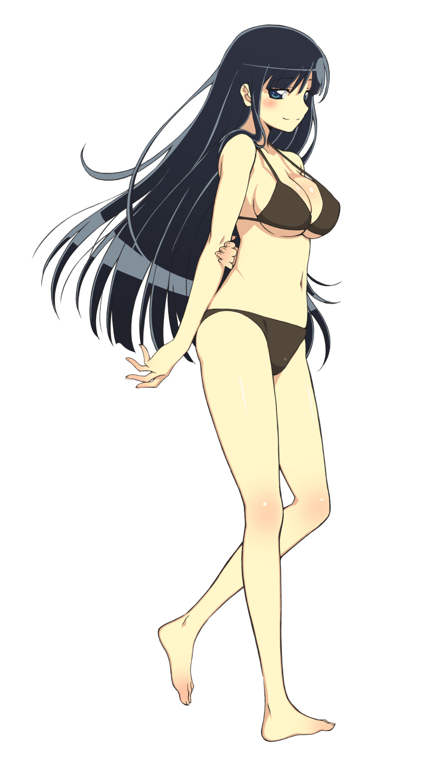 absurdres, aqua_eyes, arms_behind_back, barefoot, bikini, black_bikini, black_hair, black_swimsuit