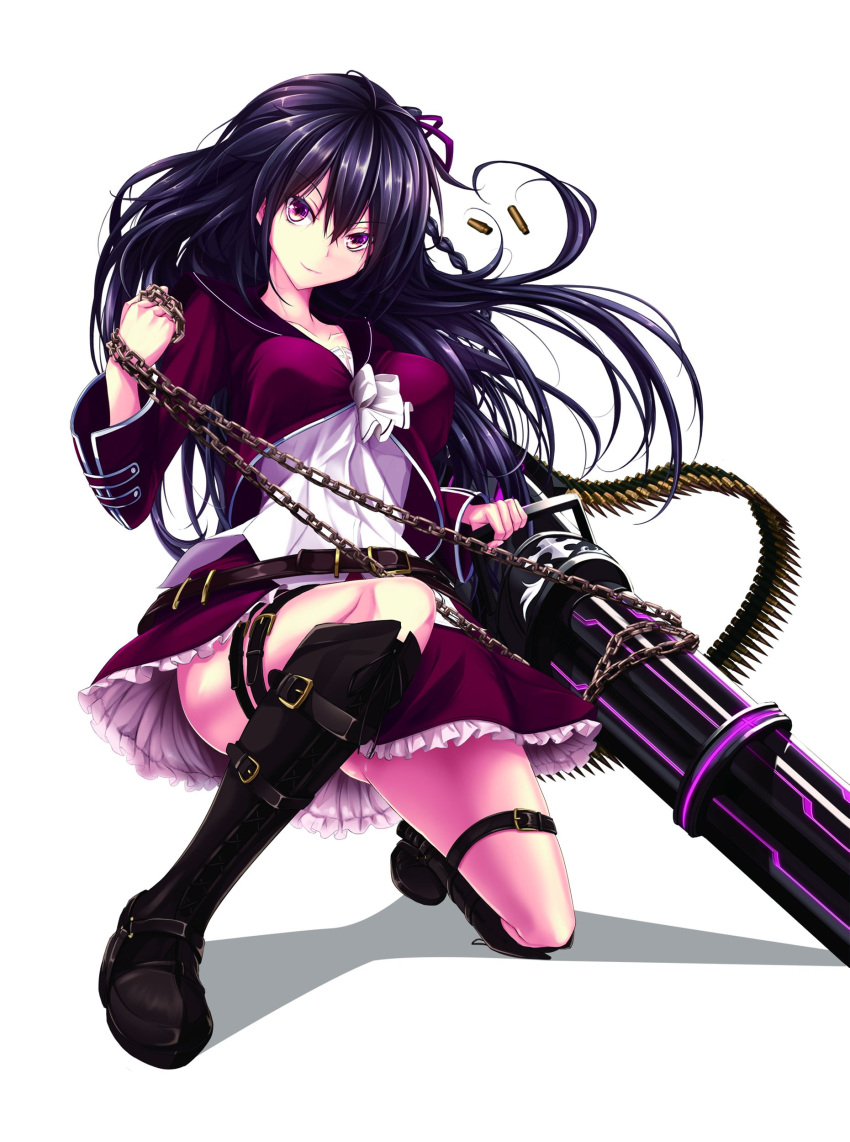 absurdres, arms_up, belt, black_hair, boots, bullet, chain, chains