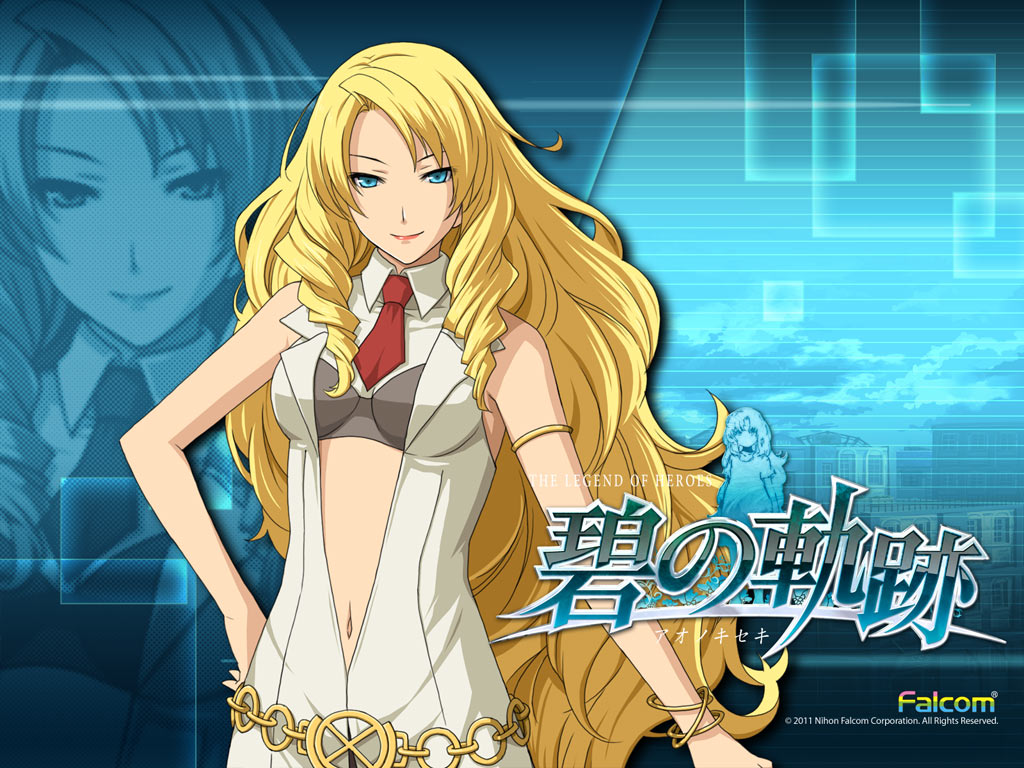 2011, ao_no_kiseki, belt, blonde_hair, blue_background, blue_eyes, bracelet, center_opening