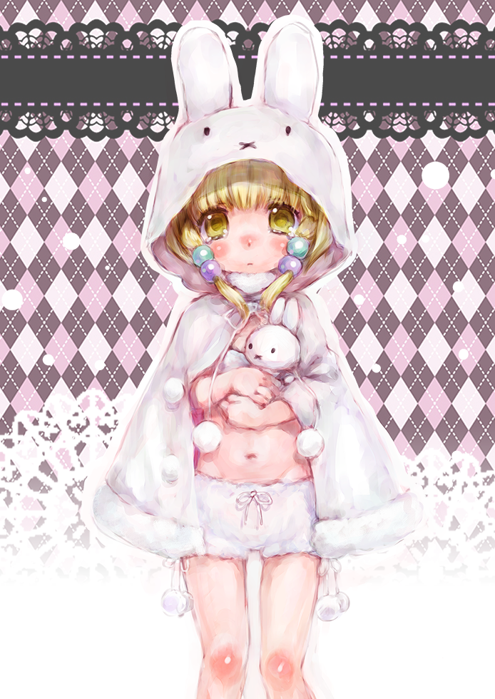 argyle, argyle_background, blonde_hair, bloomers, blush, child, cloak, hair_ornament